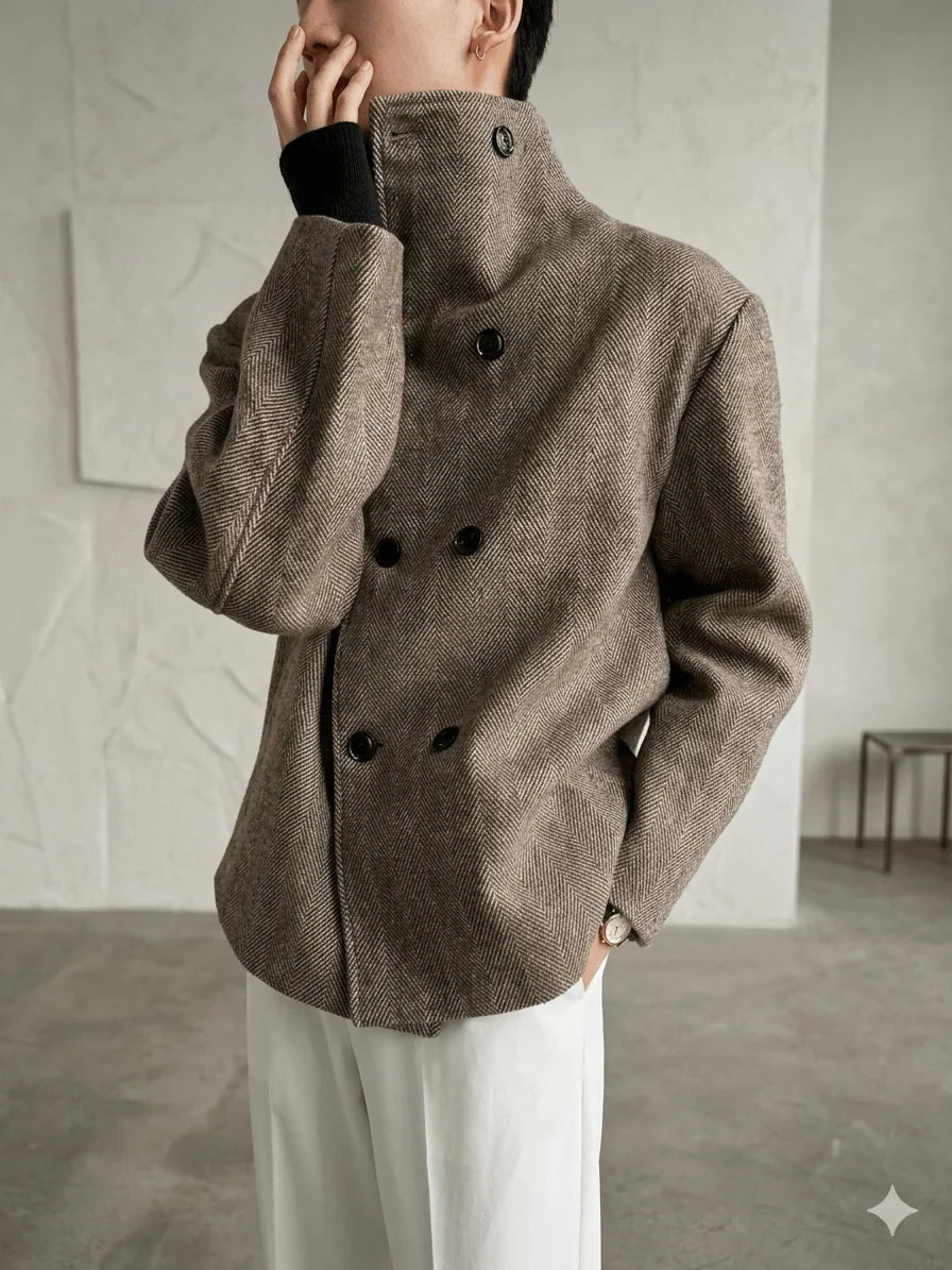 Autumn Winter Men's Luxury Wool Blend Jacket - Double Breasted Herringbone Short Coat - Stand Collar Designer Clothes 2026