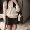 Women's New Round-neck Twisted Long-sleeve Knitted Sweater, Solid Color Fashion Wool Pullover with Horse Brand Embroidery