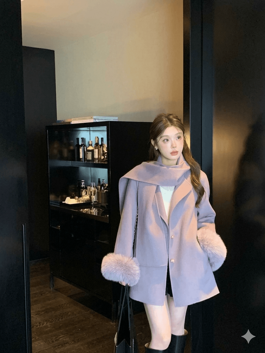 Handmade Double-Sided 100% Wool Jacket with Luxury Genuine Fox Fur Cuffs  Women's Elegant Winter Scarf Coat 2026Fashion Long Trench