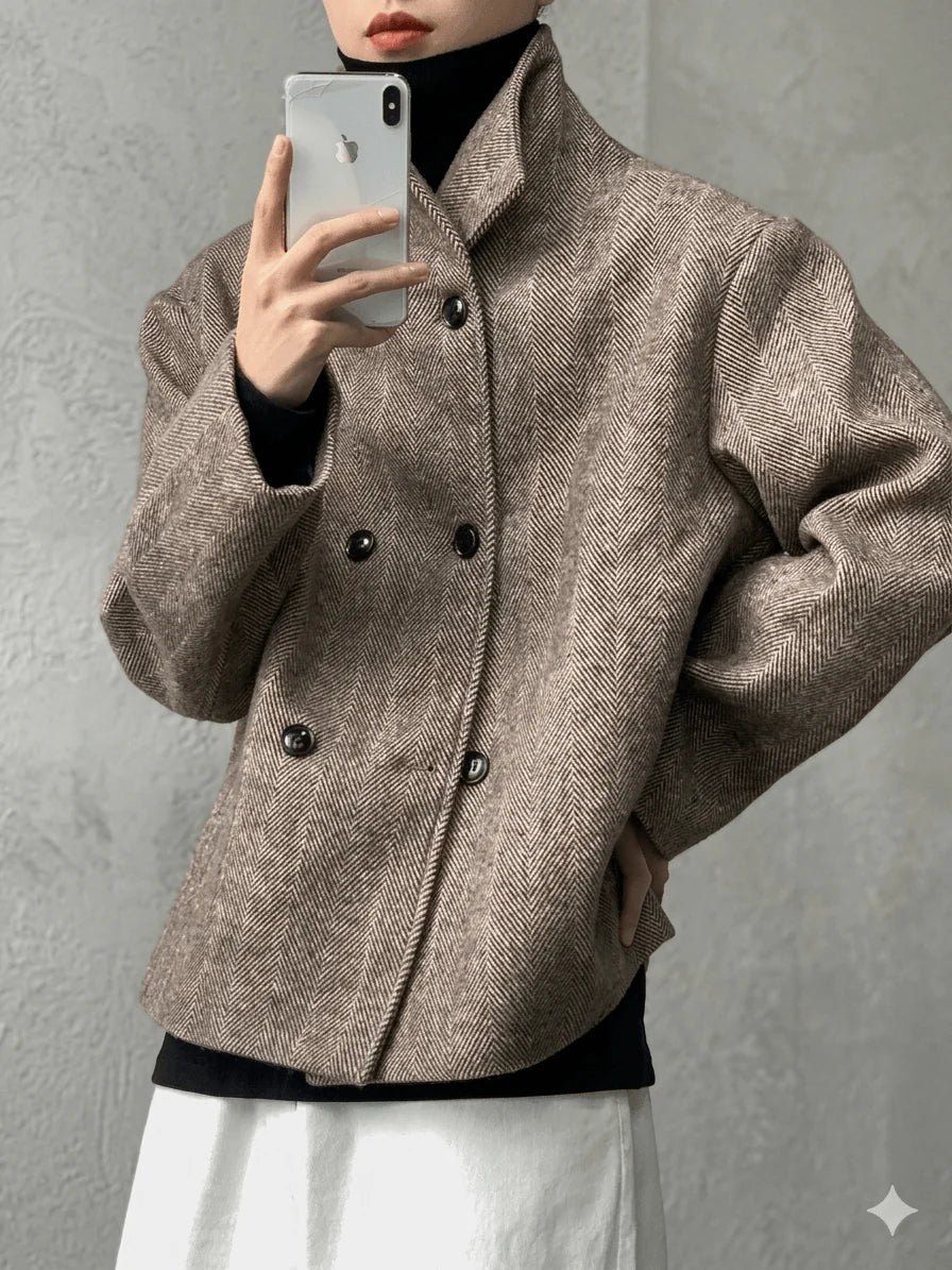 Autumn Winter Men's Luxury Wool Blend Jacket - Double Breasted Herringbone Short Coat - Stand Collar Designer Clothes 2026