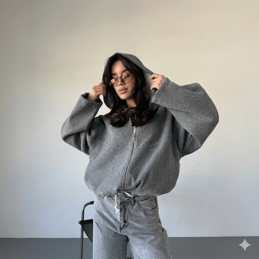 2026 New Women's Cropped Hooded Jacket  Casual Solid Loose Fit Zip Up Coat with Pockets | Fashion Streetwear & Commuter Outerwear