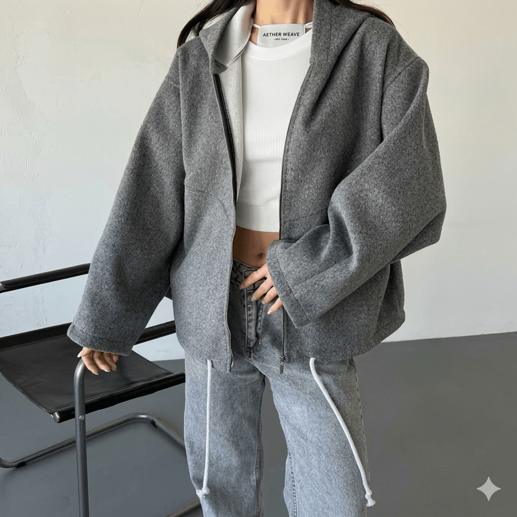 2026 New Women's Cropped Hooded Jacket  Casual Solid Loose Fit Zip Up Coat with Pockets | Fashion Streetwear & Commuter Outerwear