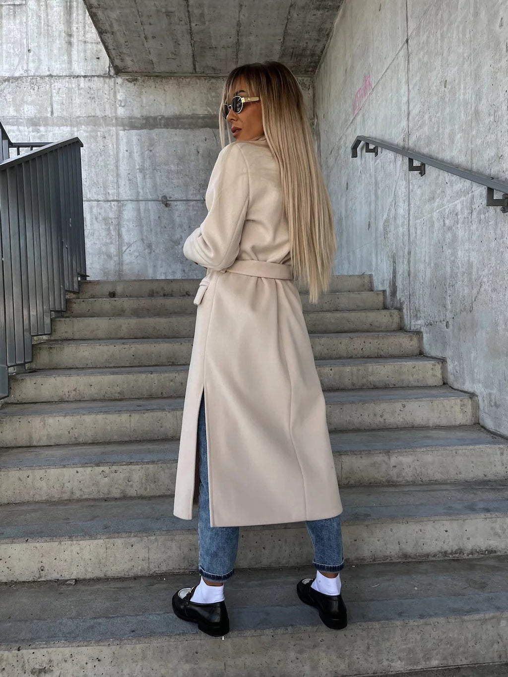 Double-Breasted Lapel Split Jacket with Belt