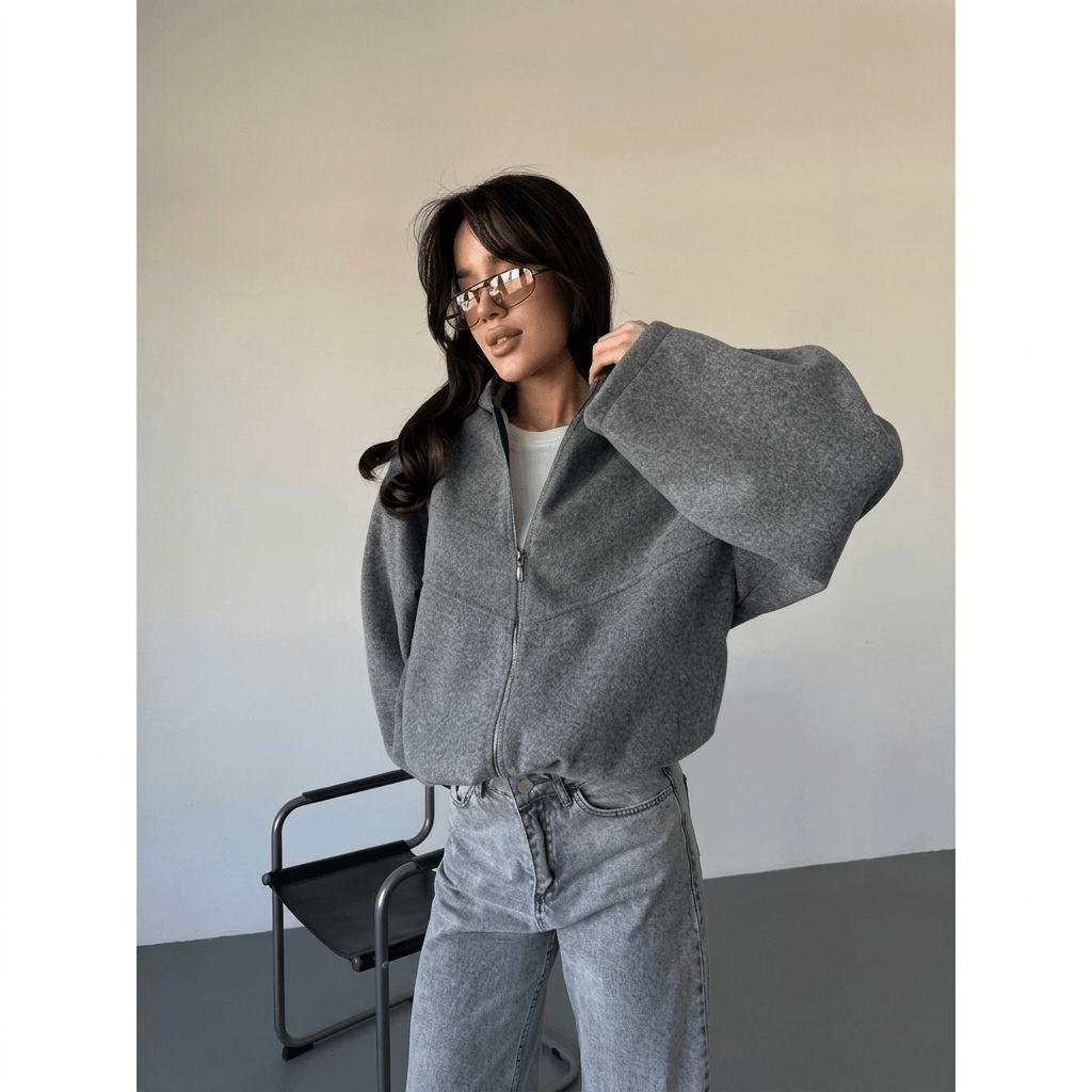 2026 New Women's Cropped Hooded Jacket  Casual Solid Loose Fit Zip Up Coat with Pockets | Fashion Streetwear & Commuter Outerwear