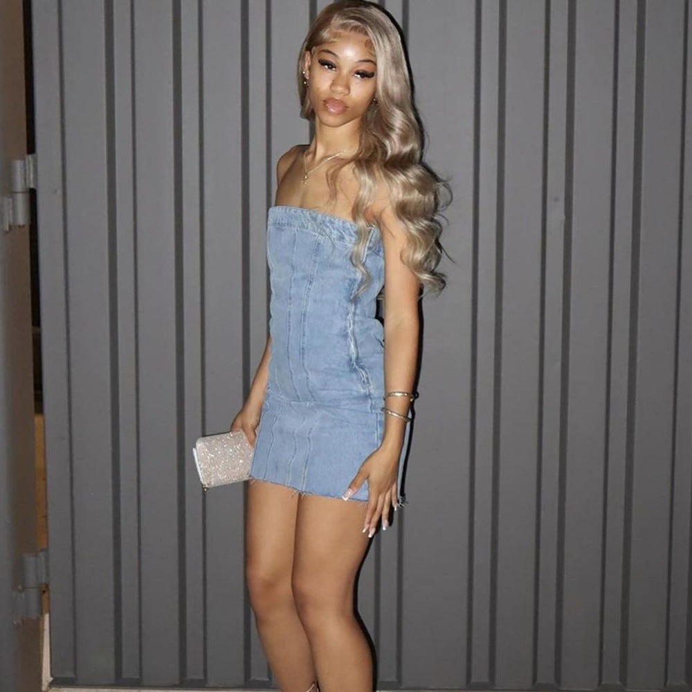 Fashion Backless Tube Denim Dress
