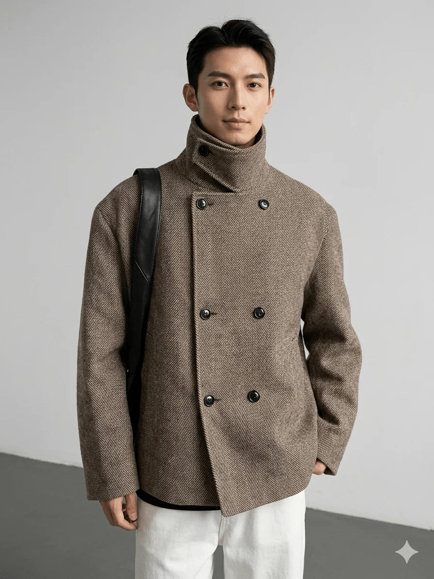 Autumn Winter Men's Luxury Wool Blend Jacket - Double Breasted Herringbone Short Coat - Stand Collar Designer Clothes 2026