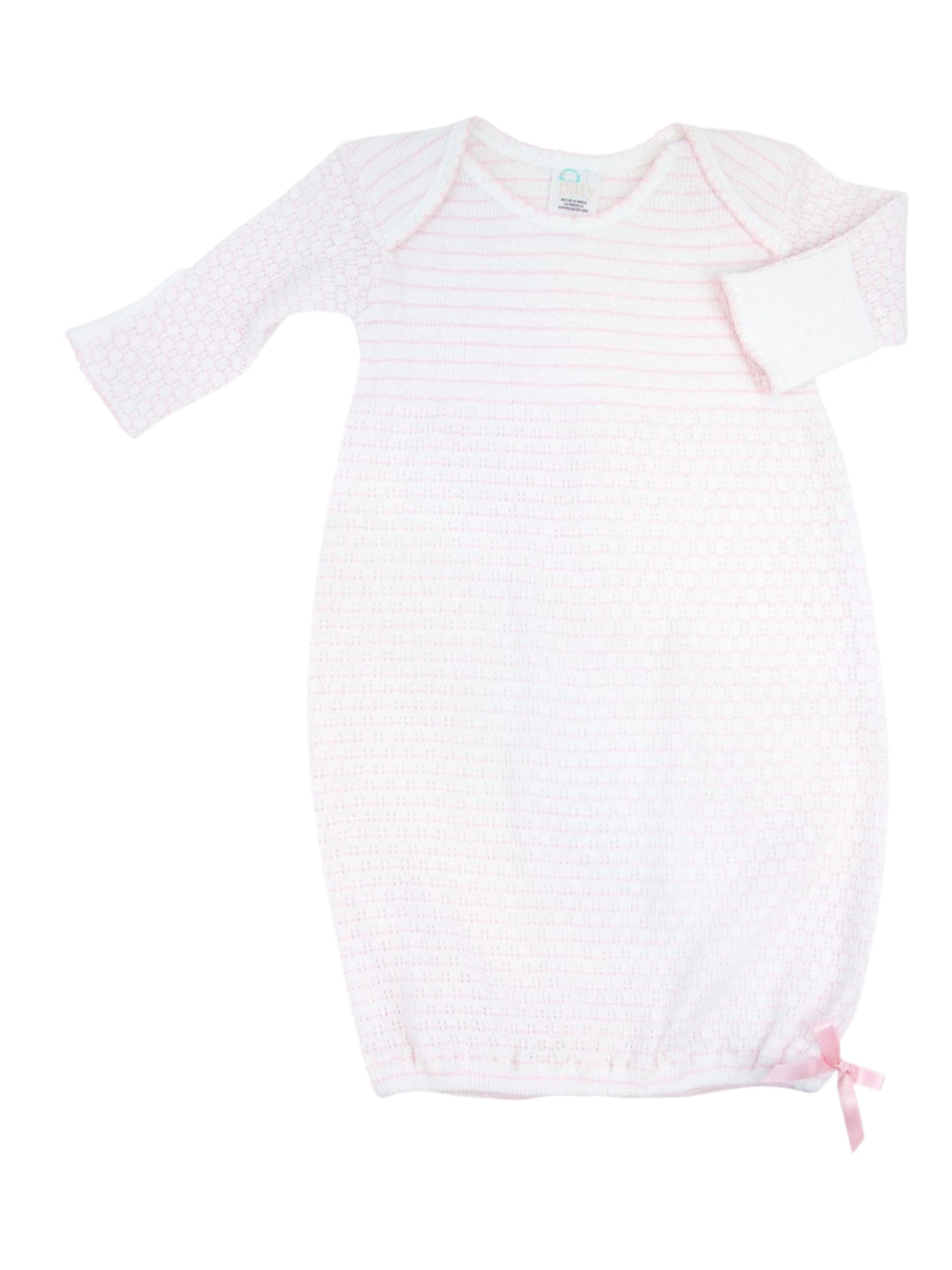 Paty Knit Overlap Shoulder Pinstripe Gown with Bow