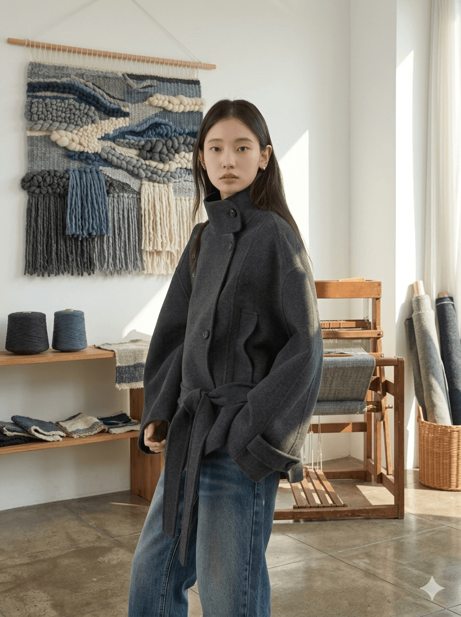 Premium Double-Faced Wool Blend Coat – Handmade Korean Style Loose Overcoat with Waist-Defining Belt | Elegant Winter Essential