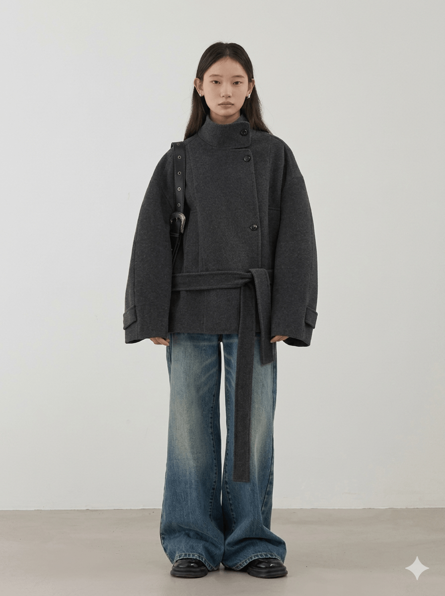 Premium Double-Faced Wool Blend Coat – Handmade Korean Style Loose Overcoat with Waist-Defining Belt | Elegant Winter Essential