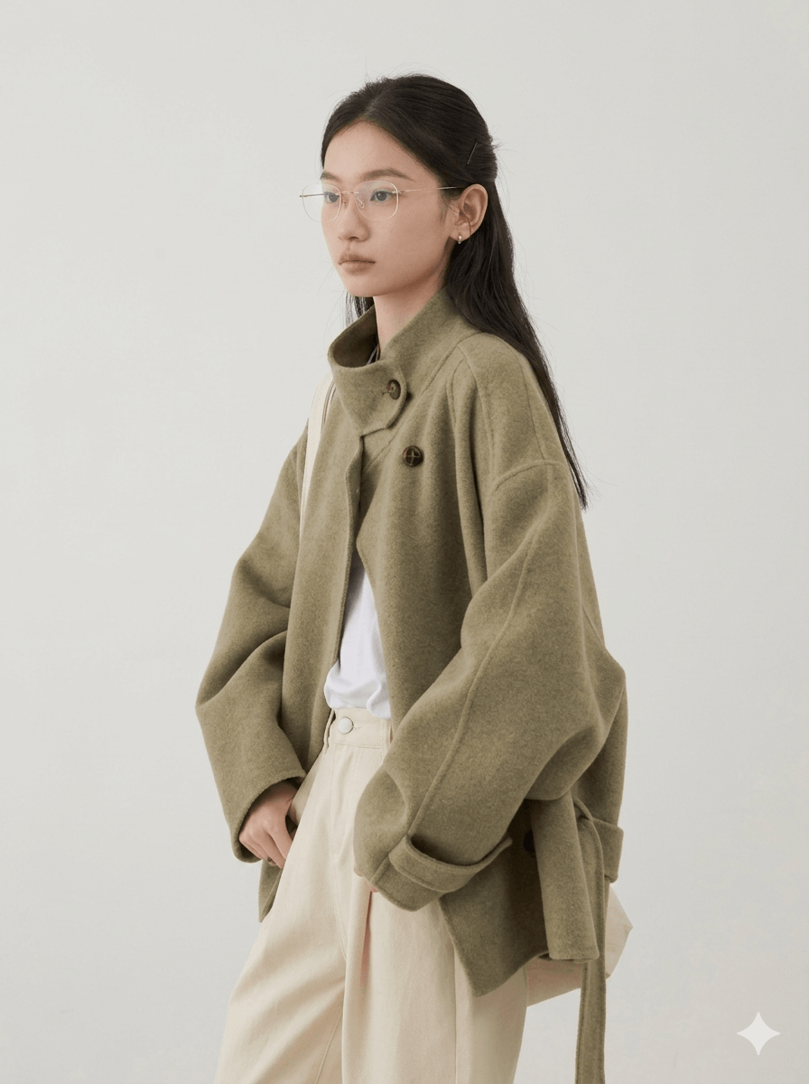 Premium Double-Faced Wool Blend Coat – Handmade Korean Style Loose Overcoat with Waist-Defining Belt | Elegant Winter Essential