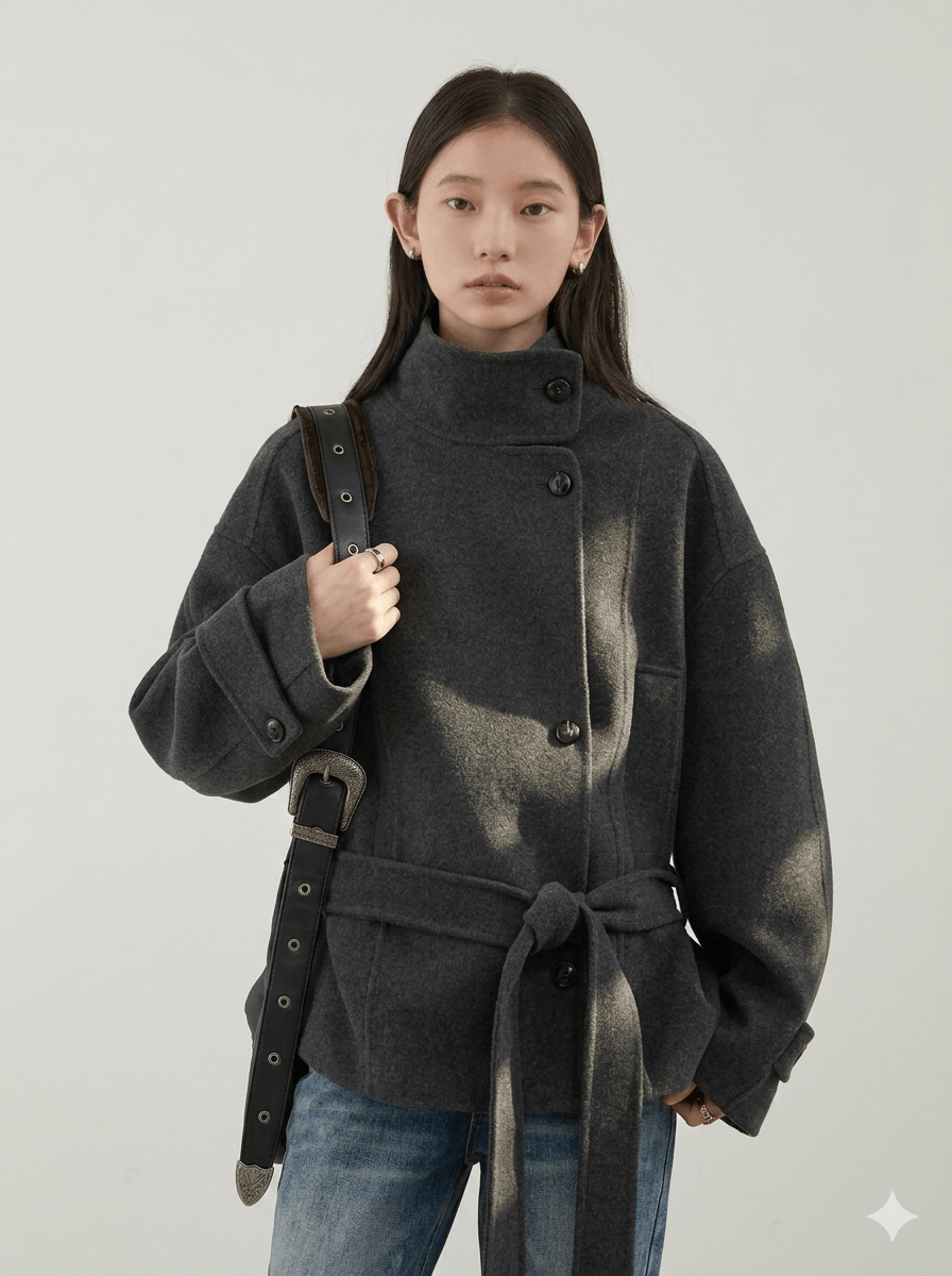 Premium Double-Faced Wool Blend Coat – Handmade Korean Style Loose Overcoat with Waist-Defining Belt | Elegant Winter Essential