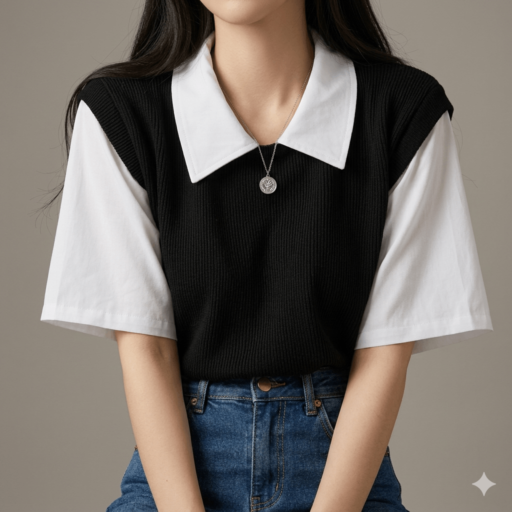 Women's Summer Preppy Style Layered Polo Shirt Color Block Short Sleeve T-Shirt Korean Style Loose & Versatile Blouse