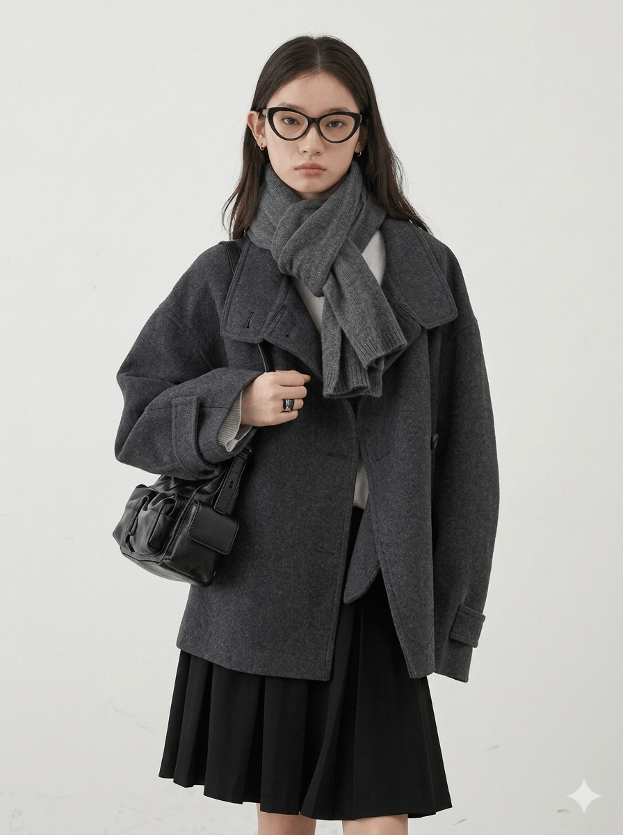Premium Double-Faced Wool Blend Coat – Handmade Korean Style Loose Overcoat with Waist-Defining Belt | Elegant Winter Essential
