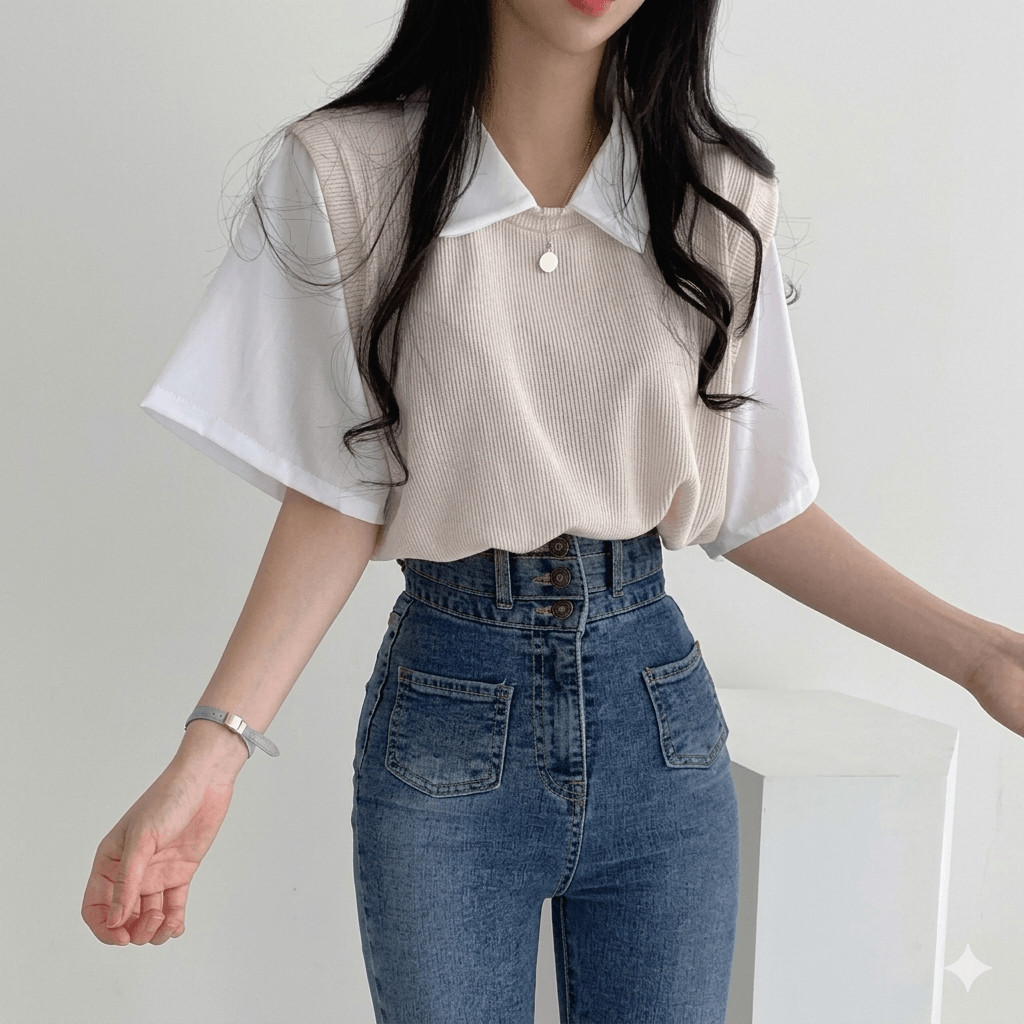 Women's Summer Preppy Style Layered Polo Shirt Color Block Short Sleeve T-Shirt Korean Style Loose & Versatile Blouse