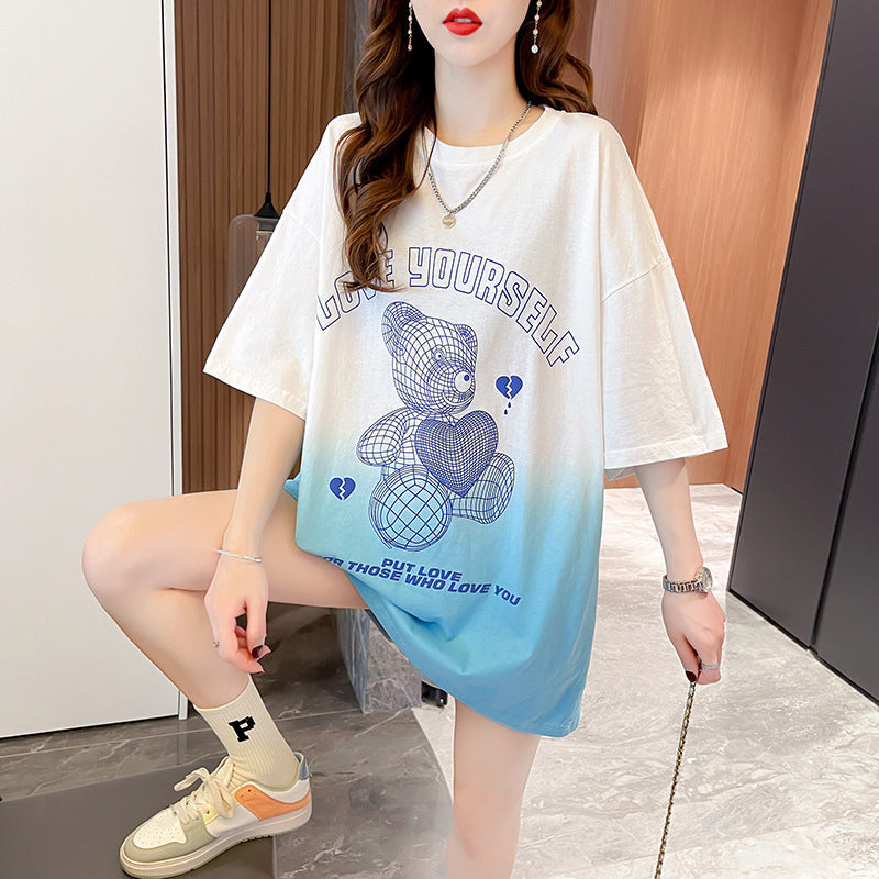 Summer Gradient Short Sleeved WomensT-shirt Printed Border Round Neck Top Women's Clothing