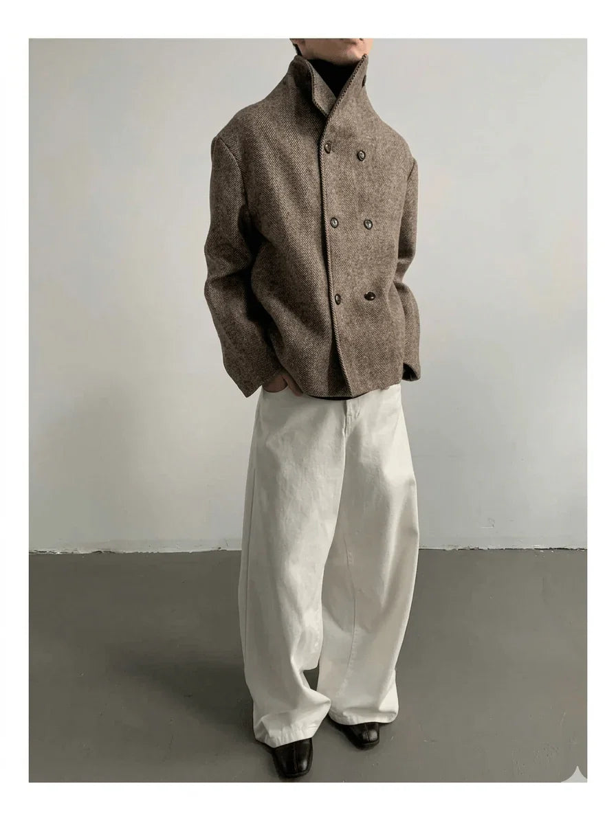 Autumn Winter Men's Luxury Wool Blend Jacket - Double Breasted Herringbone Short Coat - Stand Collar Designer Clothes 2026