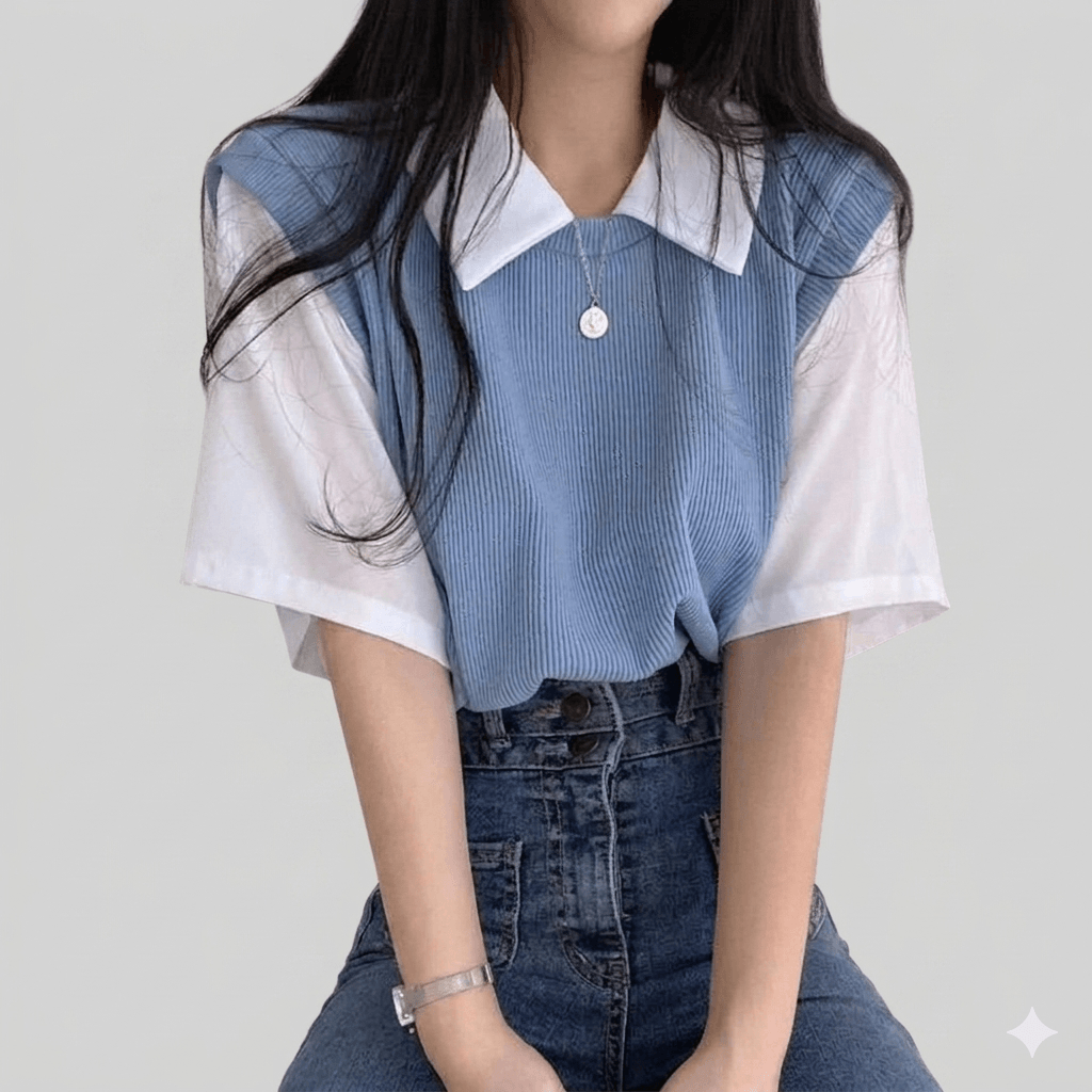 Women's Summer Preppy Style Layered Polo Shirt Color Block Short Sleeve T-Shirt Korean Style Loose & Versatile Blouse