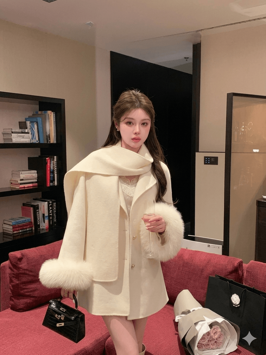 Handmade Double-Sided 100% Wool Jacket with Luxury Genuine Fox Fur Cuffs  Women's Elegant Winter Scarf Coat 2026Fashion Long Trench