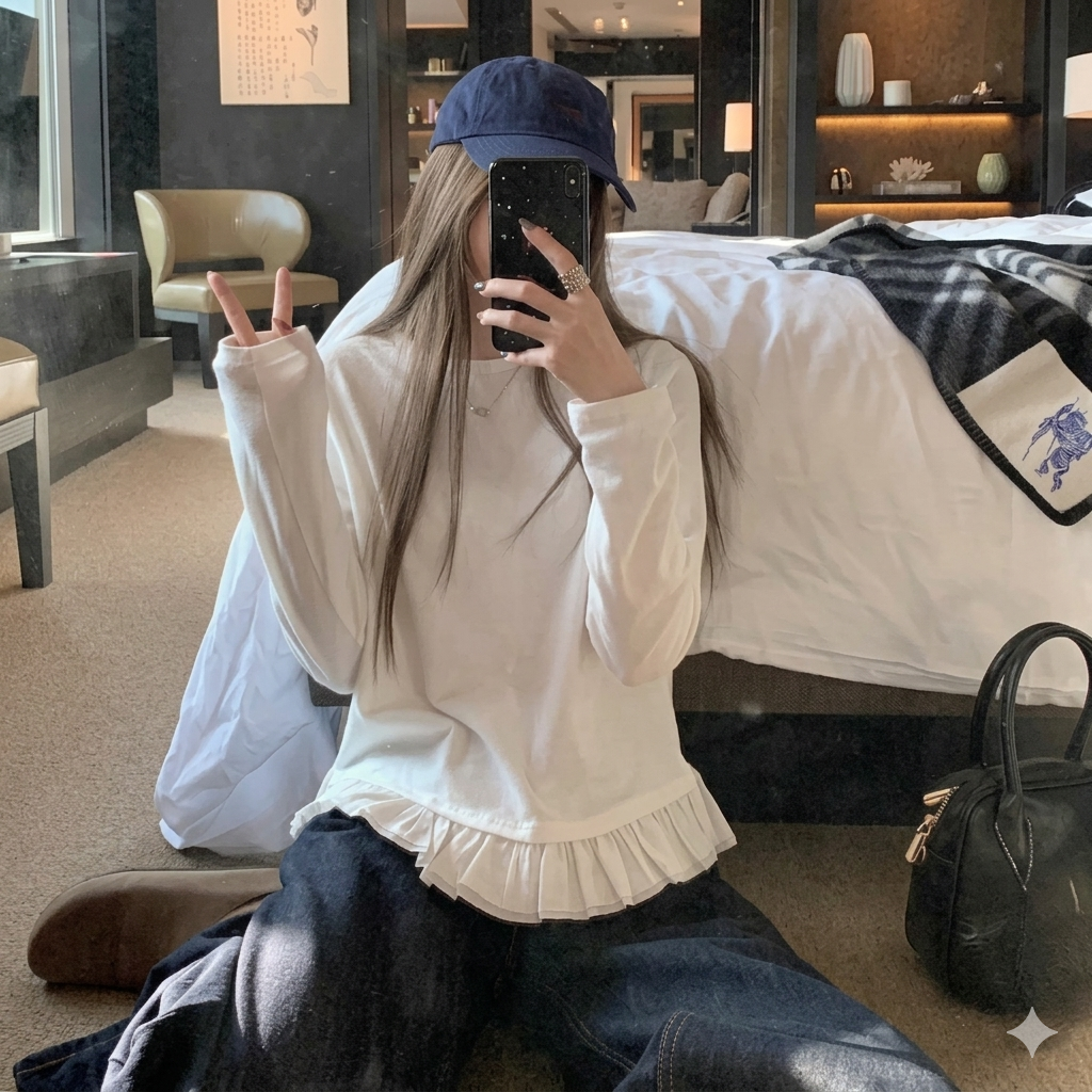 Women's Korean Style White Long Sleeve Blouse: Versatile Pleated Shirt with Sweet Lace Hem Detail