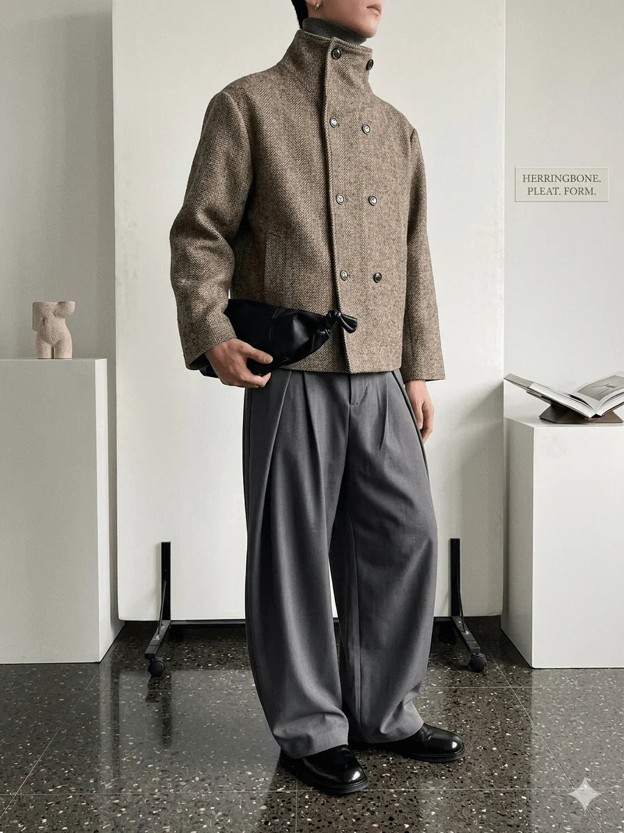 Autumn Winter Men's Luxury Wool Blend Jacket - Double Breasted Herringbone Short Coat - Stand Collar Designer Clothes 2026