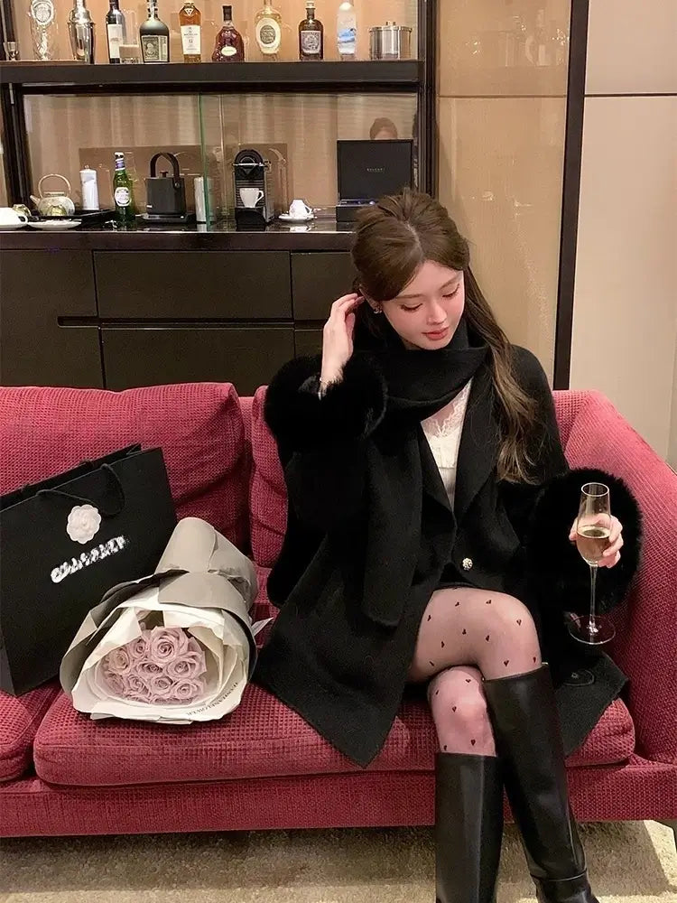 Handmade Double-Sided 100% Wool Jacket with Luxury Genuine Fox Fur Cuffs  Women's Elegant Winter Scarf Coat 2026Fashion Long Trench