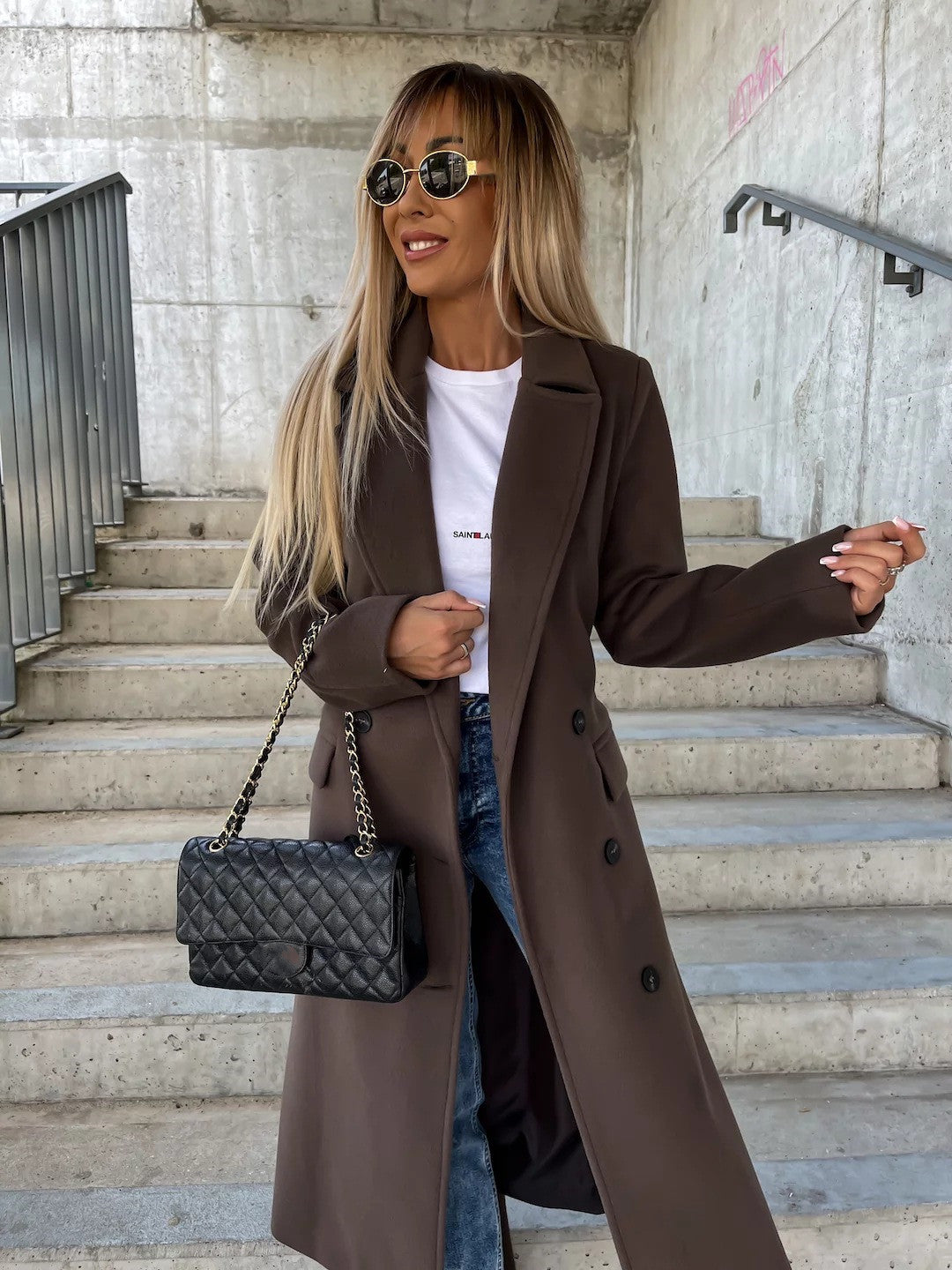 Double-Breasted Lapel Split Jacket with Belt