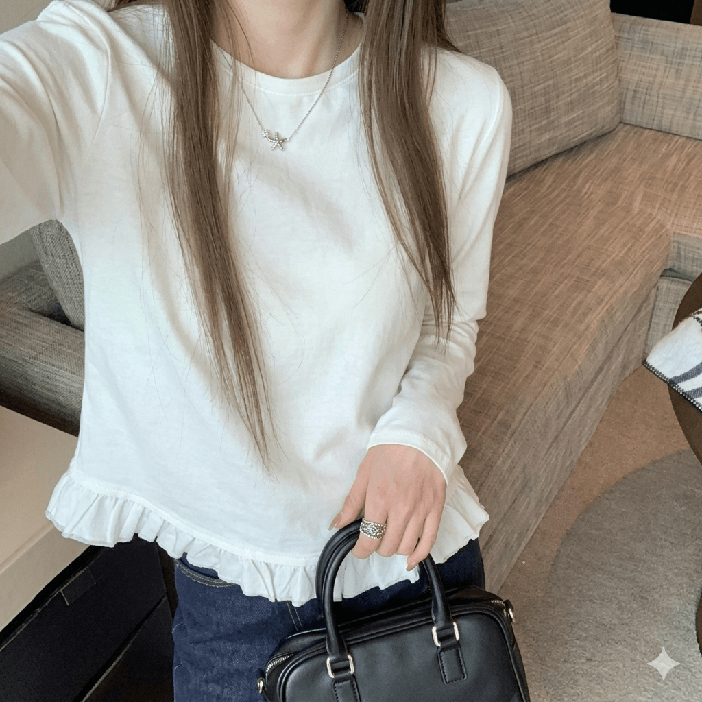 Women's Korean Style White Long Sleeve Blouse: Versatile Pleated Shirt with Sweet Lace Hem Detail