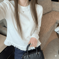 Women's Korean Style White Long Sleeve Blouse: Versatile Pleated Shirt with Sweet Lace Hem Detail