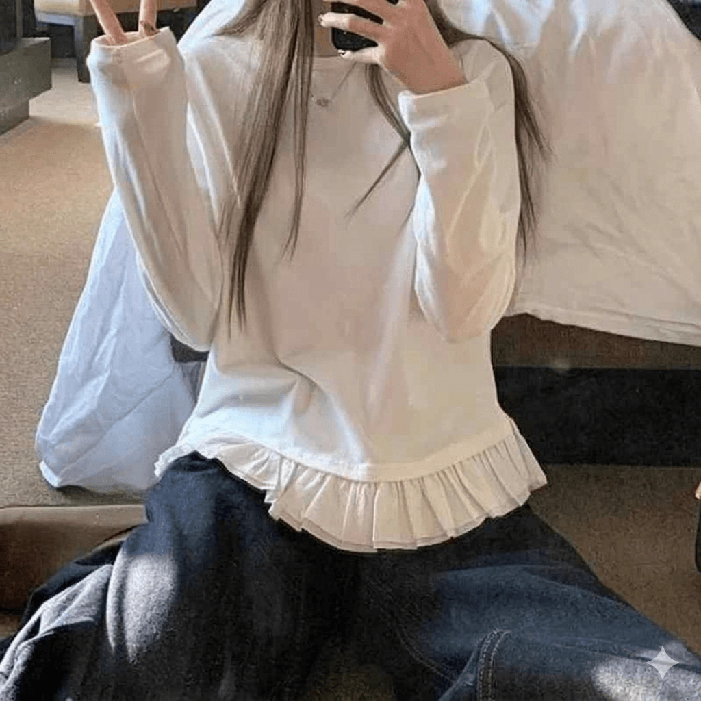 Women's Korean Style White Long Sleeve Blouse: Versatile Pleated Shirt with Sweet Lace Hem Detail