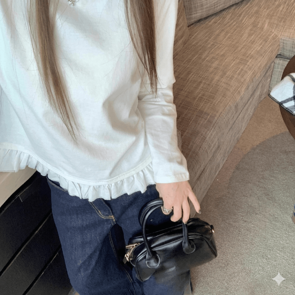 Women's Korean Style White Long Sleeve Blouse: Versatile Pleated Shirt with Sweet Lace Hem Detail