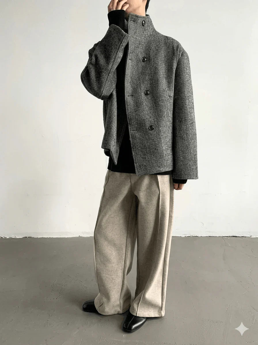Autumn Winter Men's Luxury Wool Blend Jacket - Double Breasted Herringbone Short Coat - Stand Collar Designer Clothes 2026