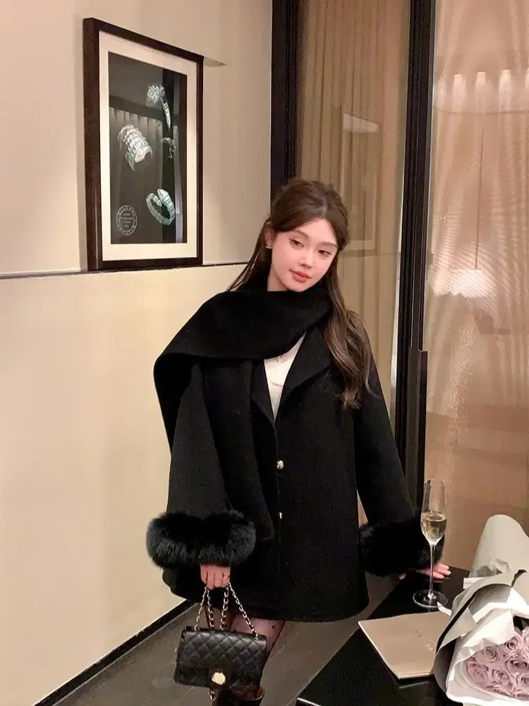 Handmade Double-Sided 100% Wool Jacket with Luxury Genuine Fox Fur Cuffs  Women's Elegant Winter Scarf Coat 2026Fashion Long Trench