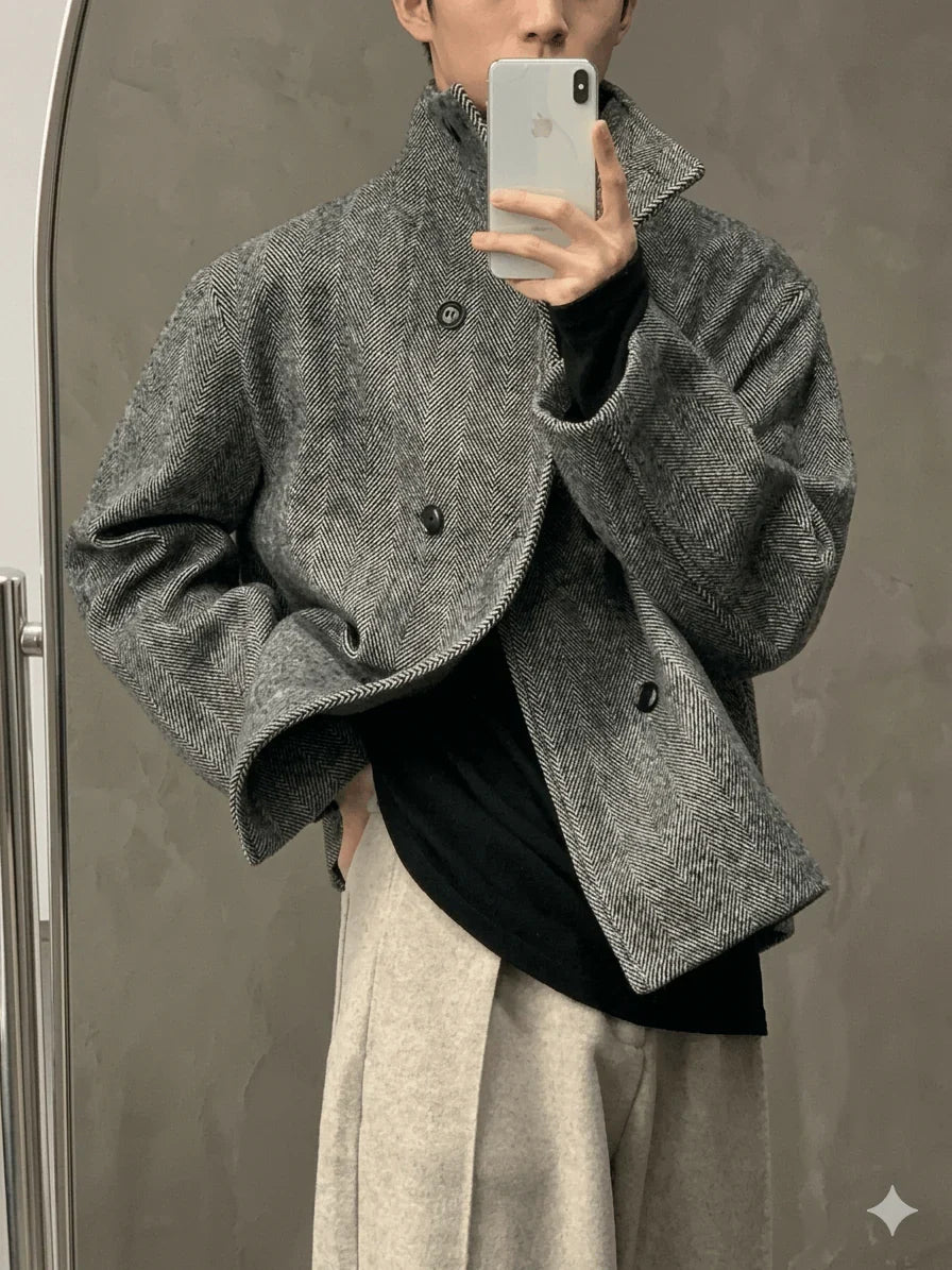 Autumn Winter Men's Luxury Wool Blend Jacket - Double Breasted Herringbone Short Coat - Stand Collar Designer Clothes 2026
