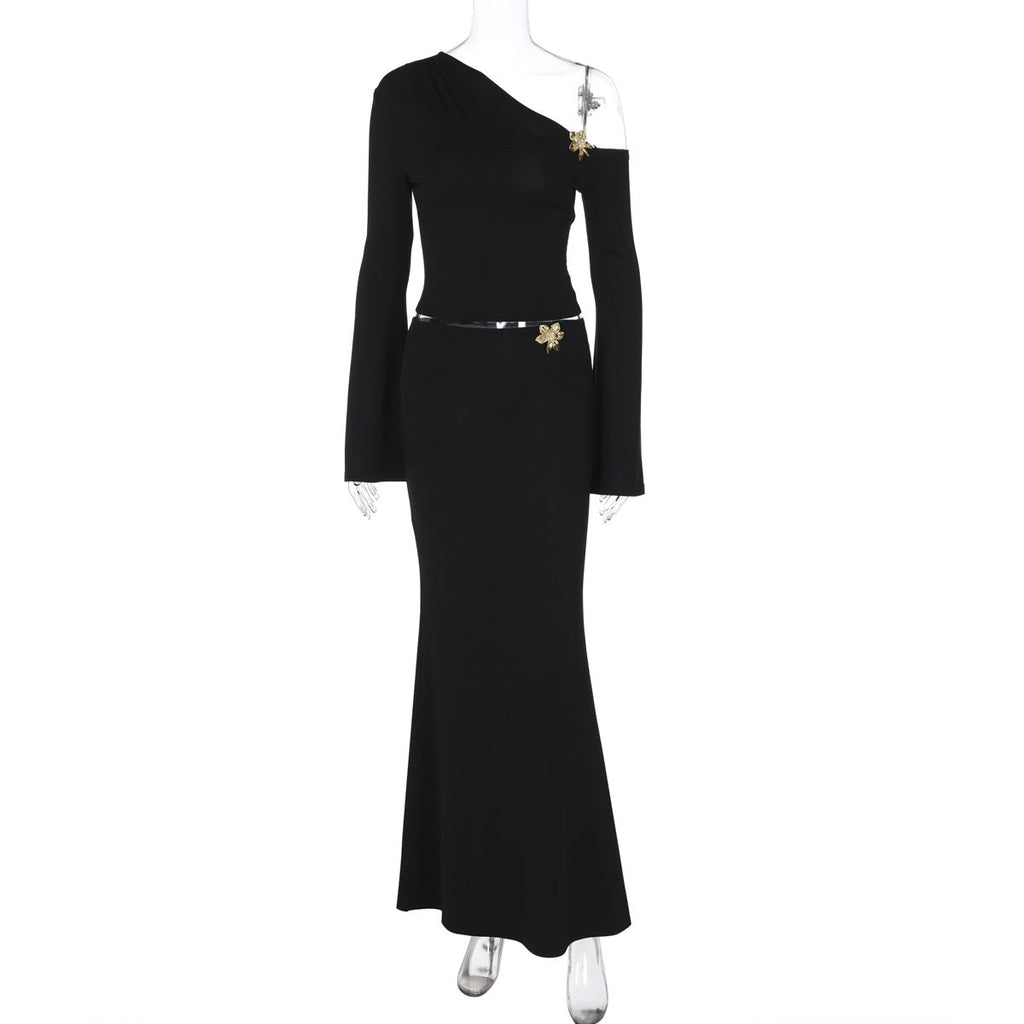 Slim Oblique Shoulder Skirt Suit
