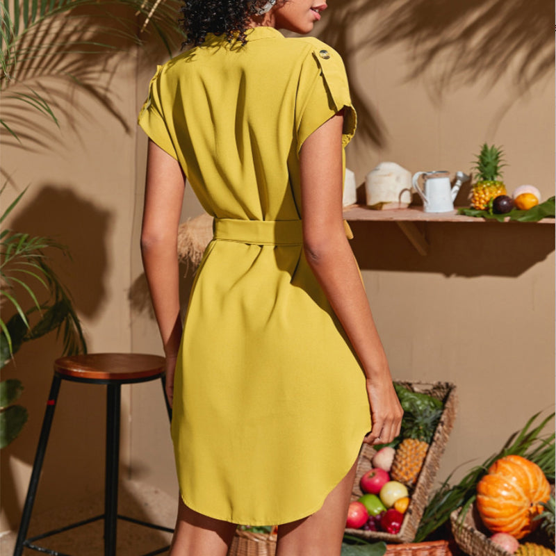 V-Neck Short Sleeve Summer Dress with Belt