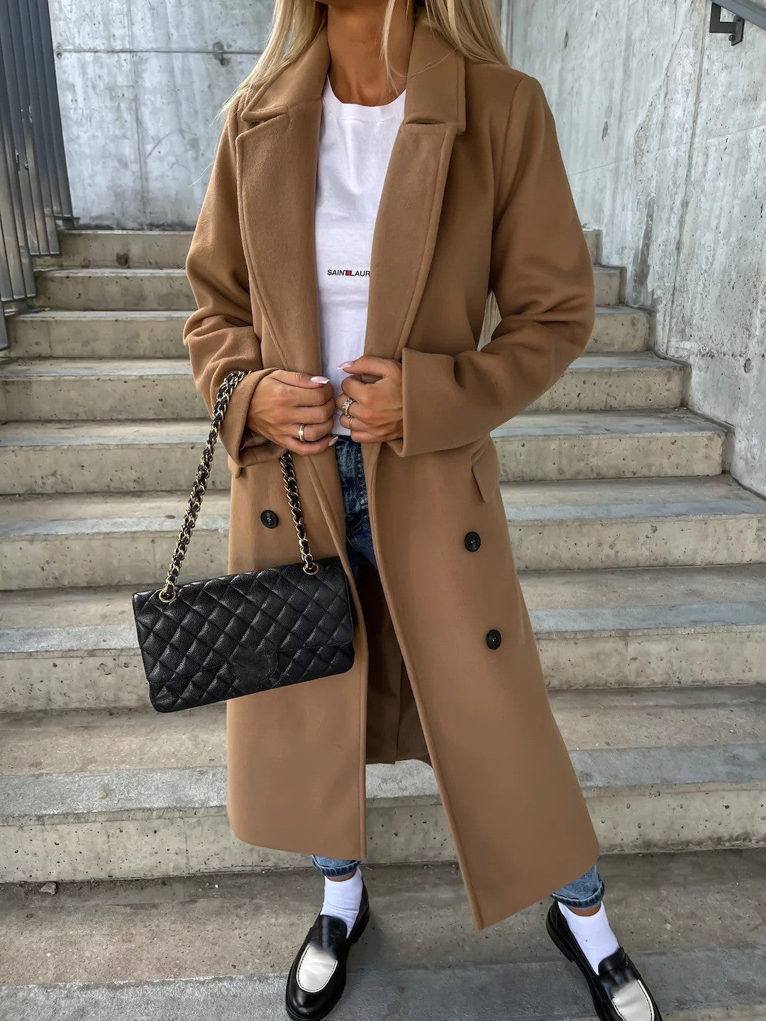 Double-Breasted Lapel Split Jacket with Belt