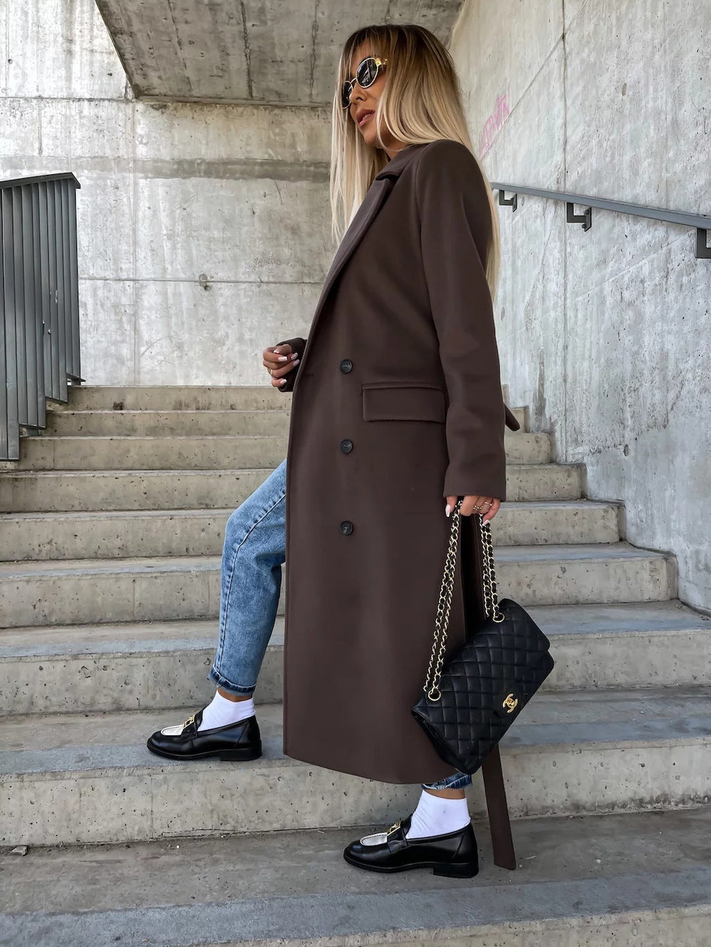Double-Breasted Lapel Split Jacket with Belt