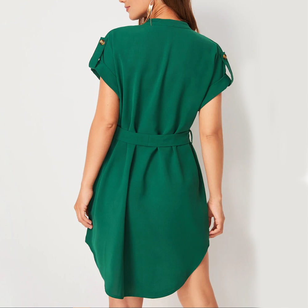 V-Neck Short Sleeve Summer Dress with Belt