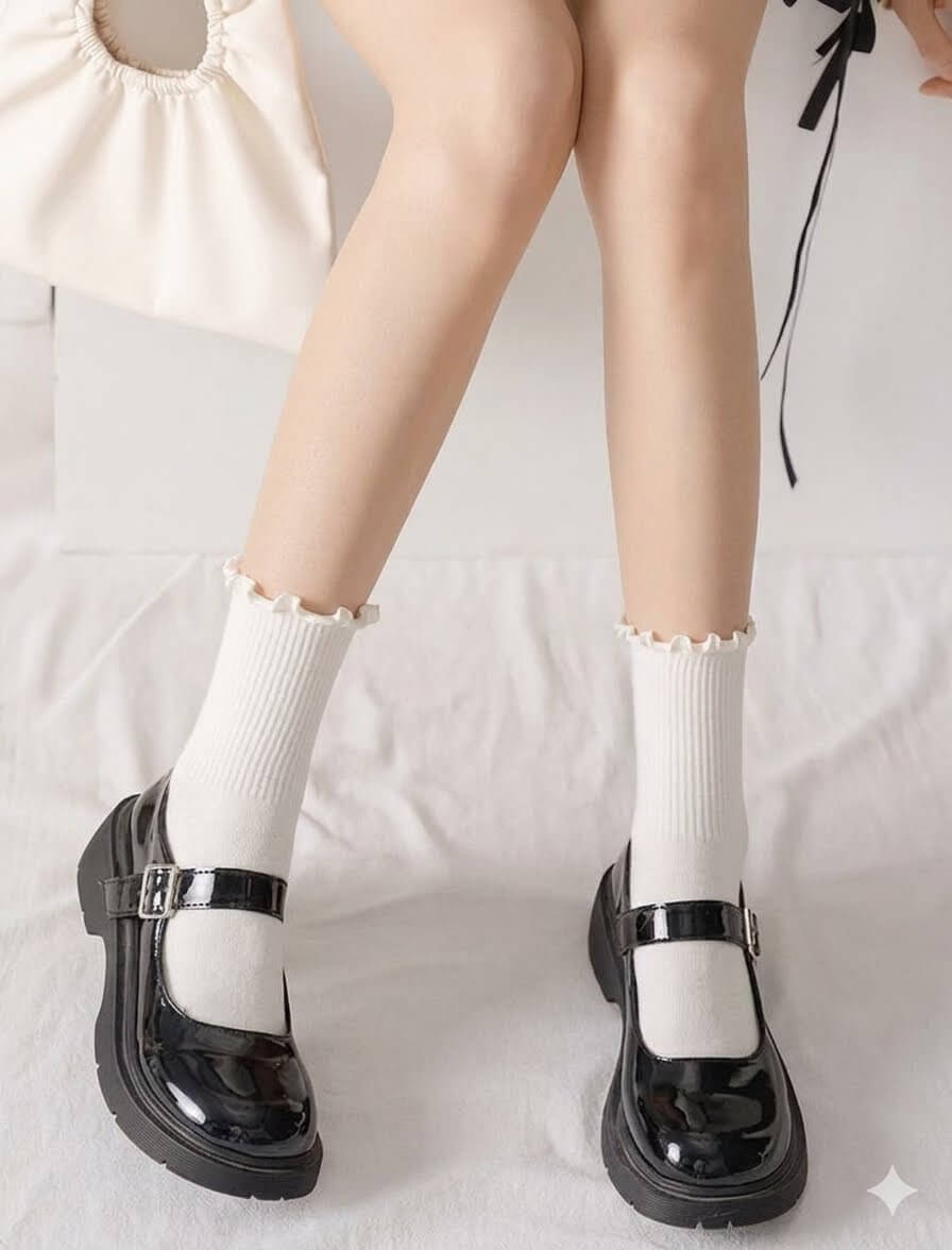Cute Ruffle Top Cotton Socks for Women Girls | Vintage Frilly Ribbed Mid-Calf Socks Solid Color Loose Slouchy Crew Socks