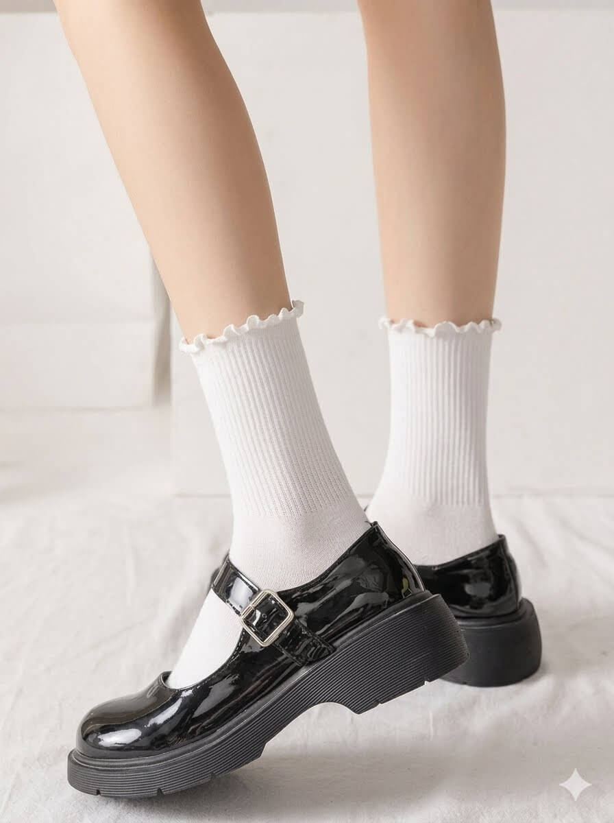 Cute Ruffle Top Cotton Socks for Women Girls | Vintage Frilly Ribbed Mid-Calf Socks Solid Color Loose Slouchy Crew Socks