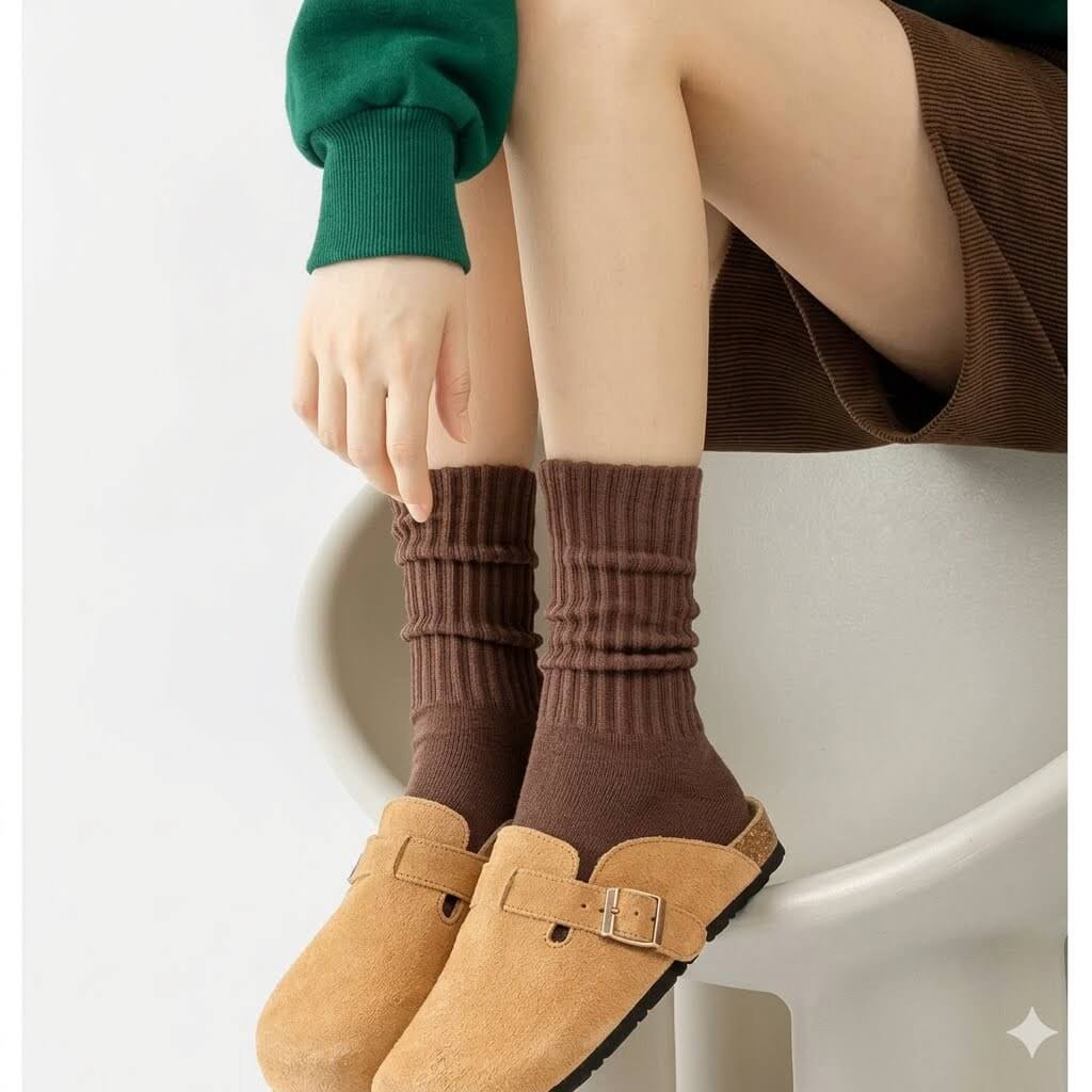 Premium Heavyweight Japanese Cotton Socks - Unisex Retro Solid Color Crew Socks, Soft Ribbed Knitted Casual Socks with Cushioned Towel Sole